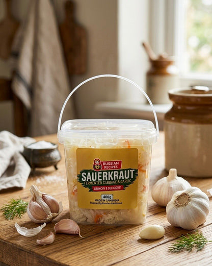 Container of sauerkraut on a wooden table with garlic and herbs