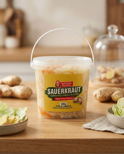 Container of Russian Market Sauerkraut on a wooden surface with ginger and cabbage in the background.