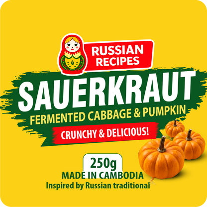Sauerkraut package with pumpkins on a yellow background, featuring Russian Recipes branding.