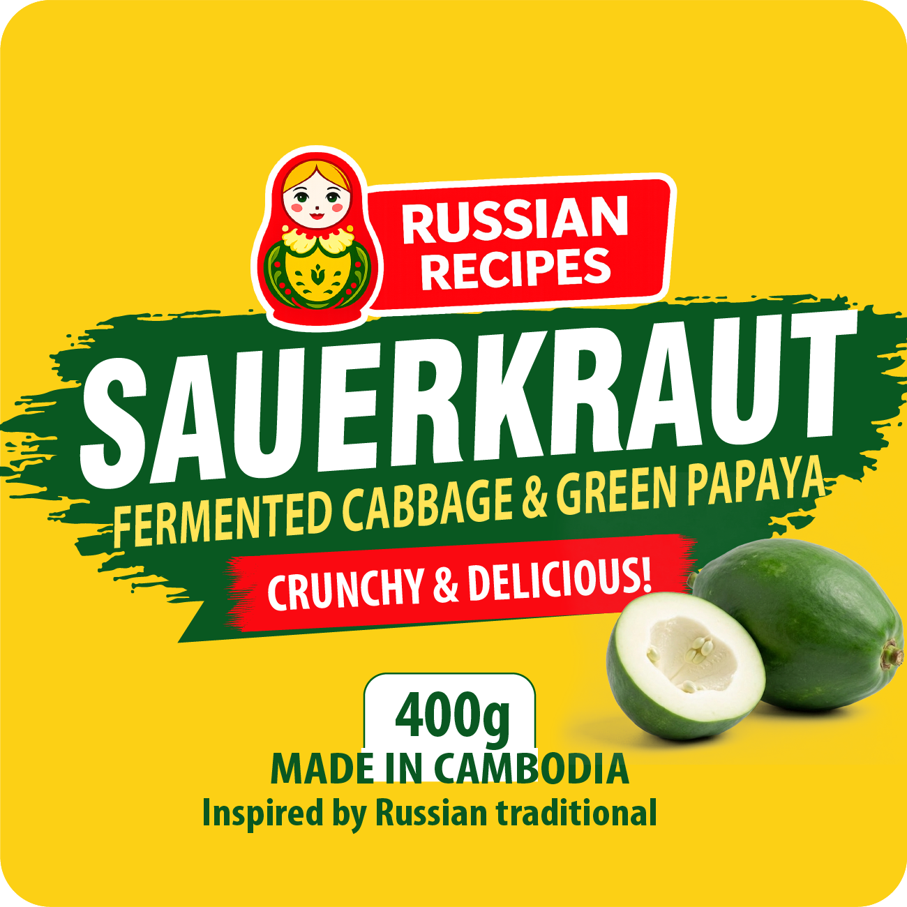 A square yellow package design for Sauerkraut by Russian Recipes, featuring a red and green logo, large white product name text, ingredient description, and photos of cabbage and papaya on a bright yellow background.