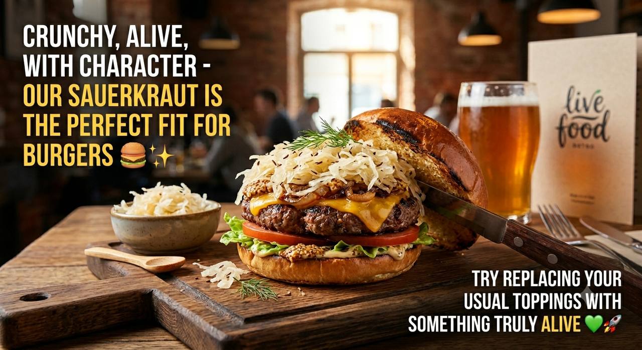 Hamburger with sauerkraut on a wooden table with text about sauerkraut and burgers.