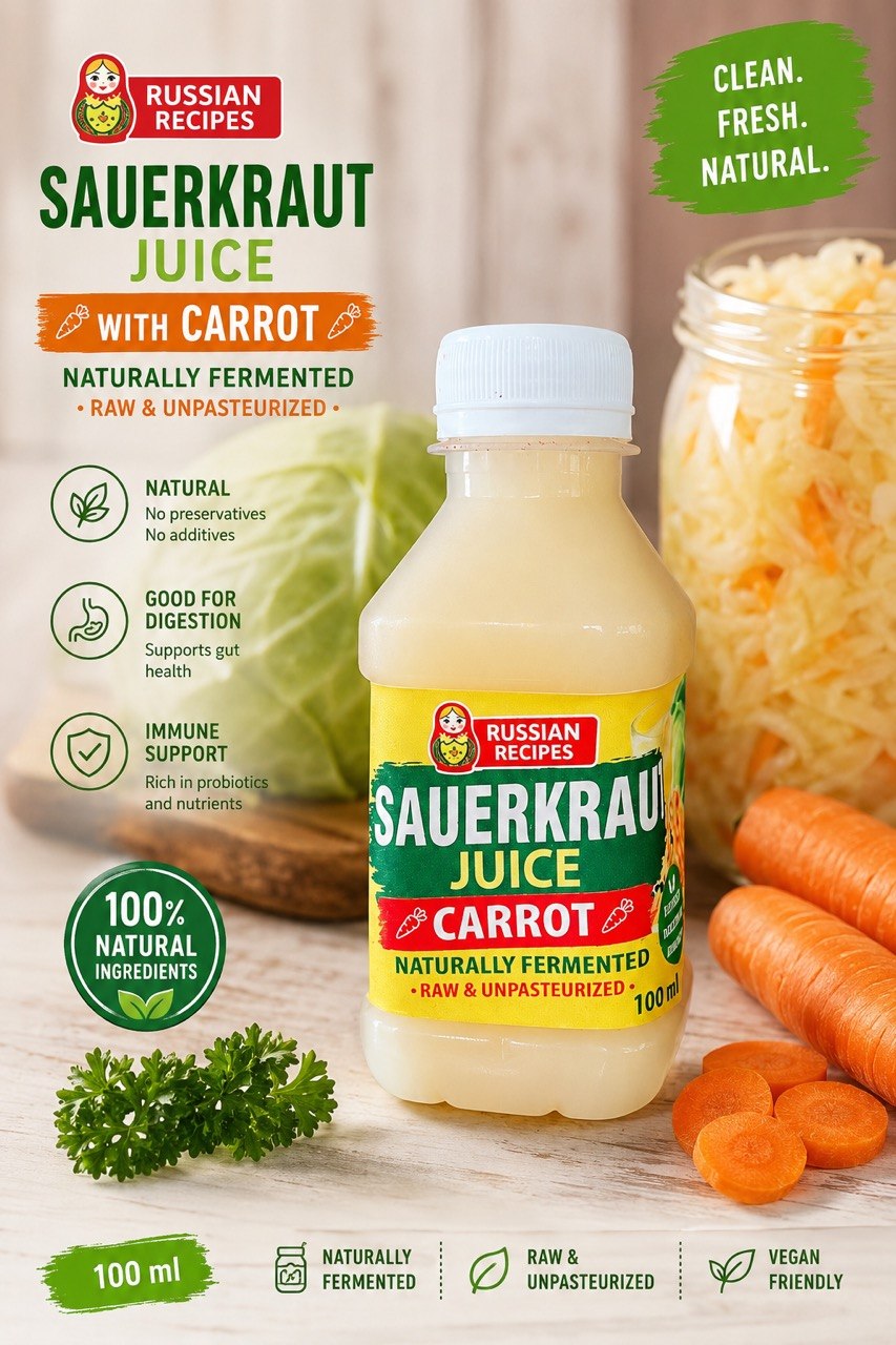 A bottle of Russian Recipes Sauerkraut Juice with Carrot in the center, surrounded by carrots, a head of cabbage, and a jar of shredded sauerkraut on a light wood surface. The background is a soft beige with text highlighting natural ingredients and benefits.