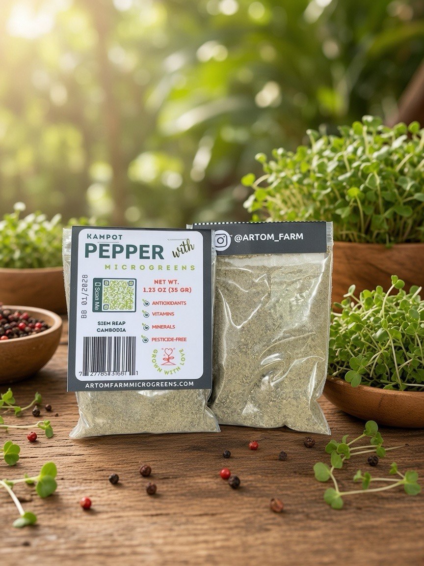 Two small pouches of microgreens on a wooden surface with a blurred garden background. One pouch has a white label reading 'Kampot Pepper with Microgreens' and the other is clear with a dark header and visible '@ARTOM_FARM' branding.