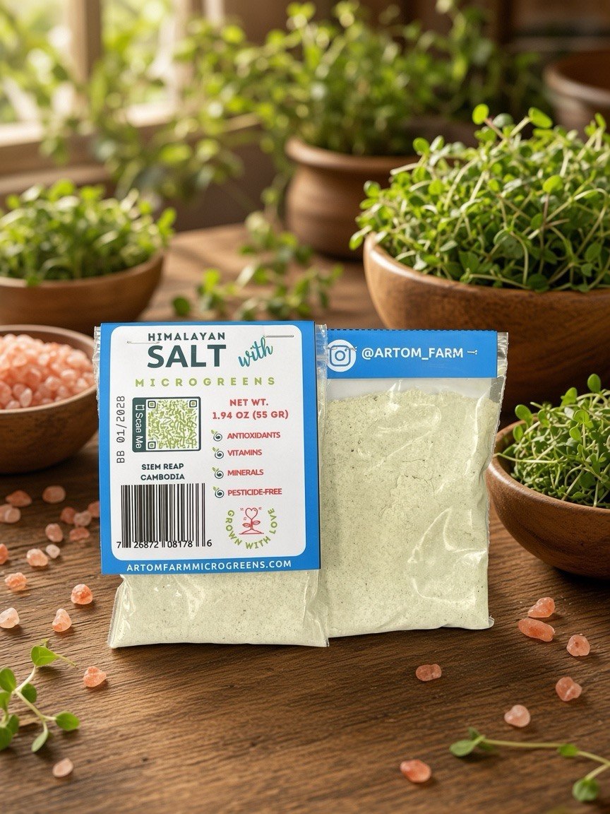 A bag of Himalayan Salt Microgreens by Aromt Farm is displayed on a wooden table with bowls of microgreens and pink Himalayan salt crystals in the background.