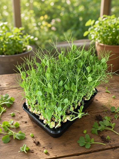 A black plastic tray filled with freshly sprouted green microgreens, set on a rustic wooden table with scattered pea pods and soil, and a blurred garden background.