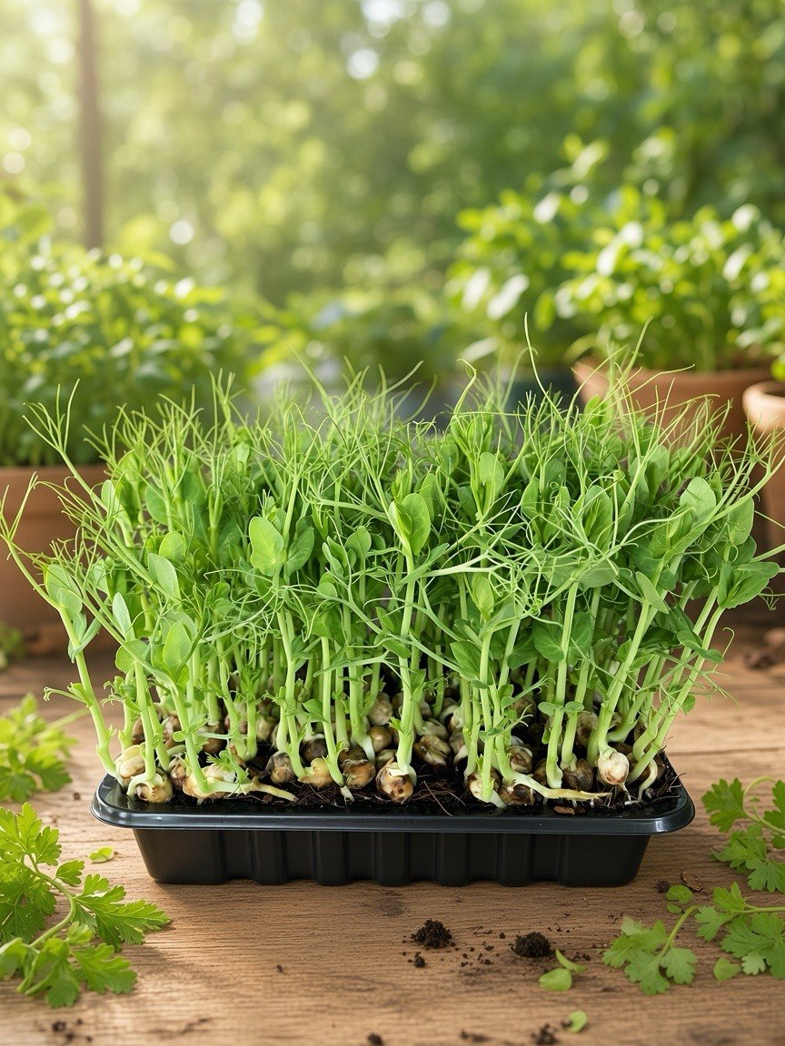 A black plastic seed starter tray filled with lush green pea sprouts, set on a rustic wooden surface with scattered soil and fresh parsley leaves, against a soft-focus garden background.