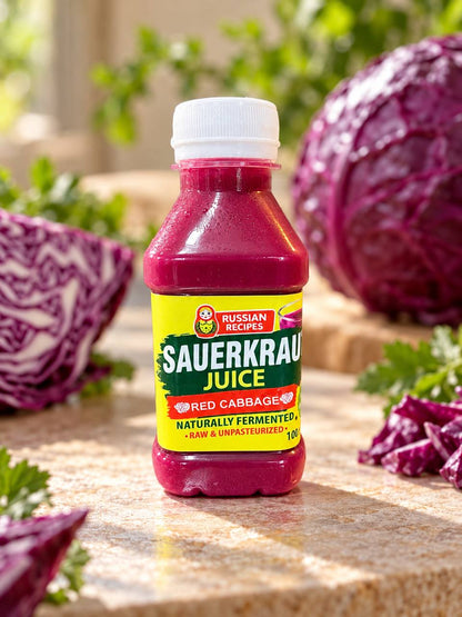 A bottle of Russian Recipes Sauerkraut Juice made from red cabbage, set on a stone surface with fresh red cabbage and parsley in a bright, natural setting.