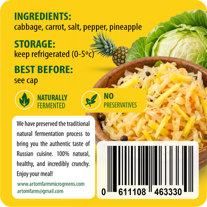Back of a packaged food product on a bright yellow background, showing ingredients list, storage instructions, best before text, certification icons for naturally fermented and no preservatives, a website URL, and a barcode. A bowl of shredded cabbage salad with cabbage and pineapple is pictured on the right.