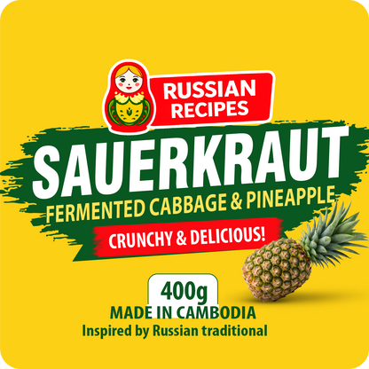Front packaging graphic for a 400g pack of Sauerkraut by Russian Recipes, featuring a bright yellow background, a red and white matryoshka-style logo, large white 'SAUERKRAUT' text over a dark green brushstroke, and a pineapple illustration.
