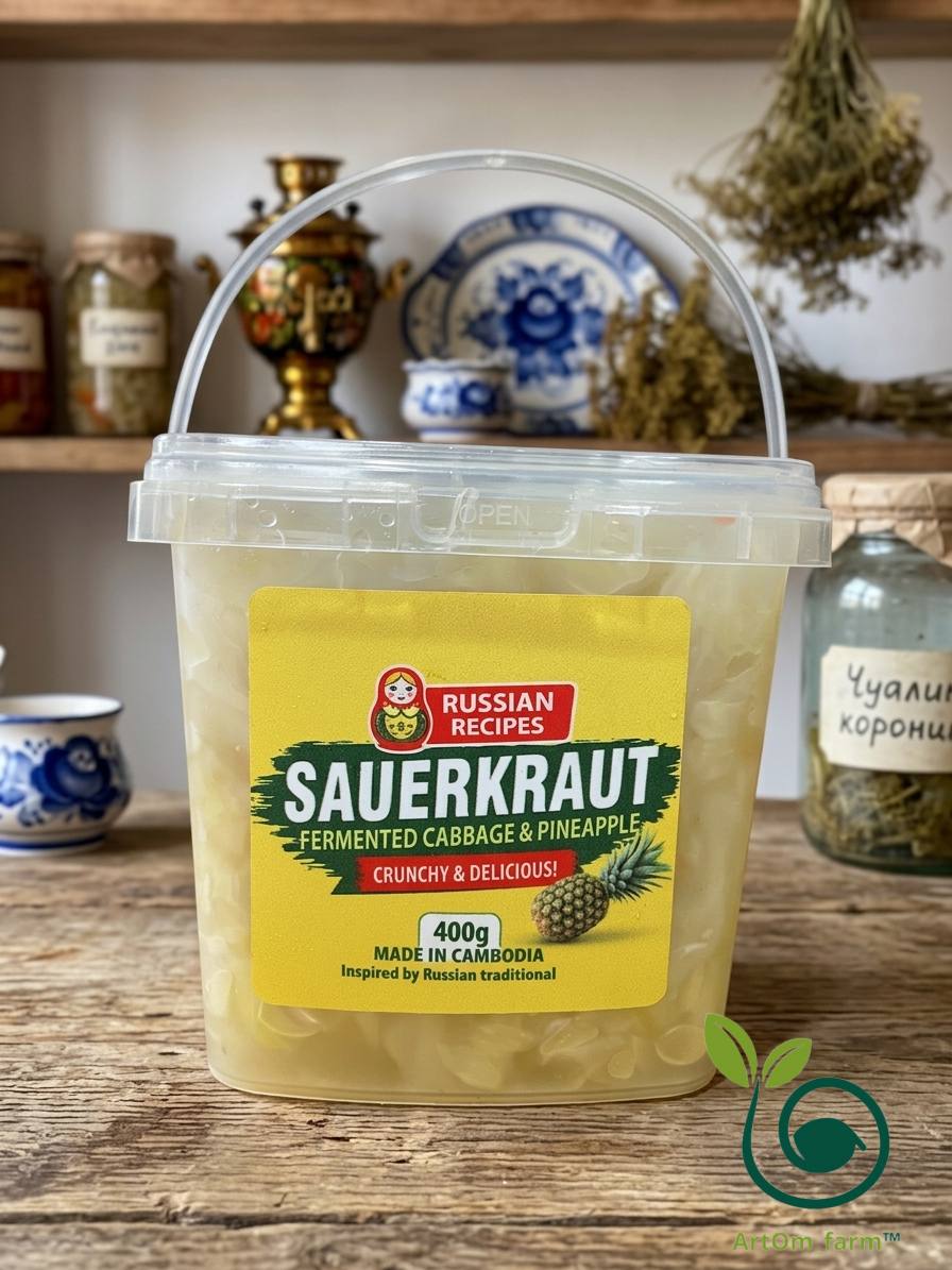 A clear plastic tub of Russian Recipes Sauerkraut with a yellow label, set on a rustic wooden table with traditional kitchen items in the background.