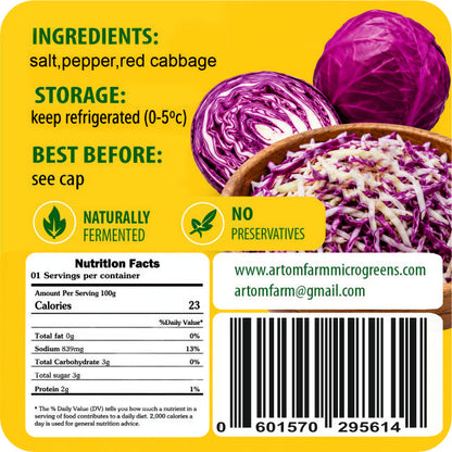Front of a packaged food product label with ingredients listed as salt, pepper, and red cabbage. The label includes storage instructions, a best-before date, icons for naturally fermented and no preservatives, a nutrition facts panel, a barcode, and a bowl of shredded red and white cabbage on a yellow background.