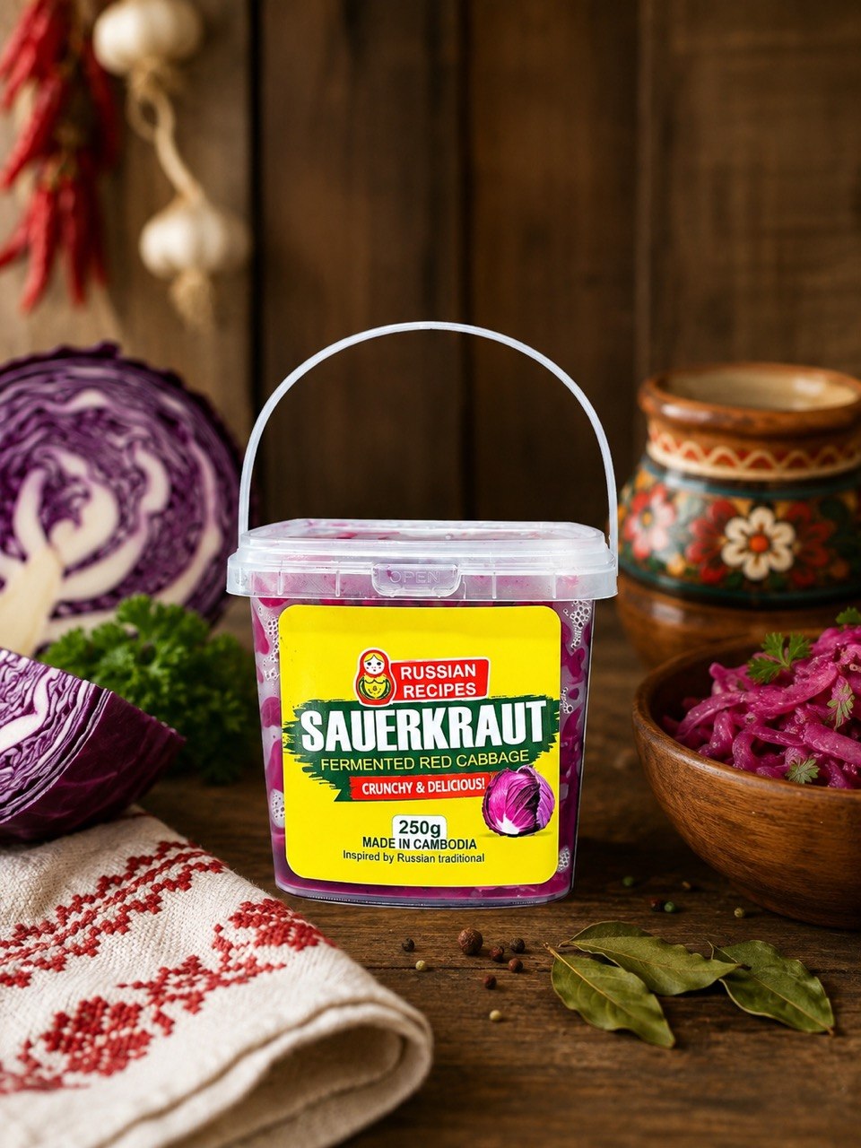 A 250g tub of Russian Lac-Offie Sauerkraut (crunch and pickle) on a rustic wooden table surrounded by ingredients like a halved purple cabbage, parsley, bay leaves, peppercorns, and a patterned ceramic jar.