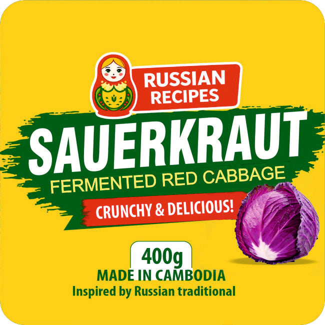 Front of a packaged food product with a bright yellow label reading 'Russian Recipes Sauerkraut Fermented Red Cabbage Crunchy & Delicious!' and '400g Made in Cambodia Inspired by Russian traditional.' A matryoshka doll logo appears at top left, and a purple cabbage photo is at bottom right.
