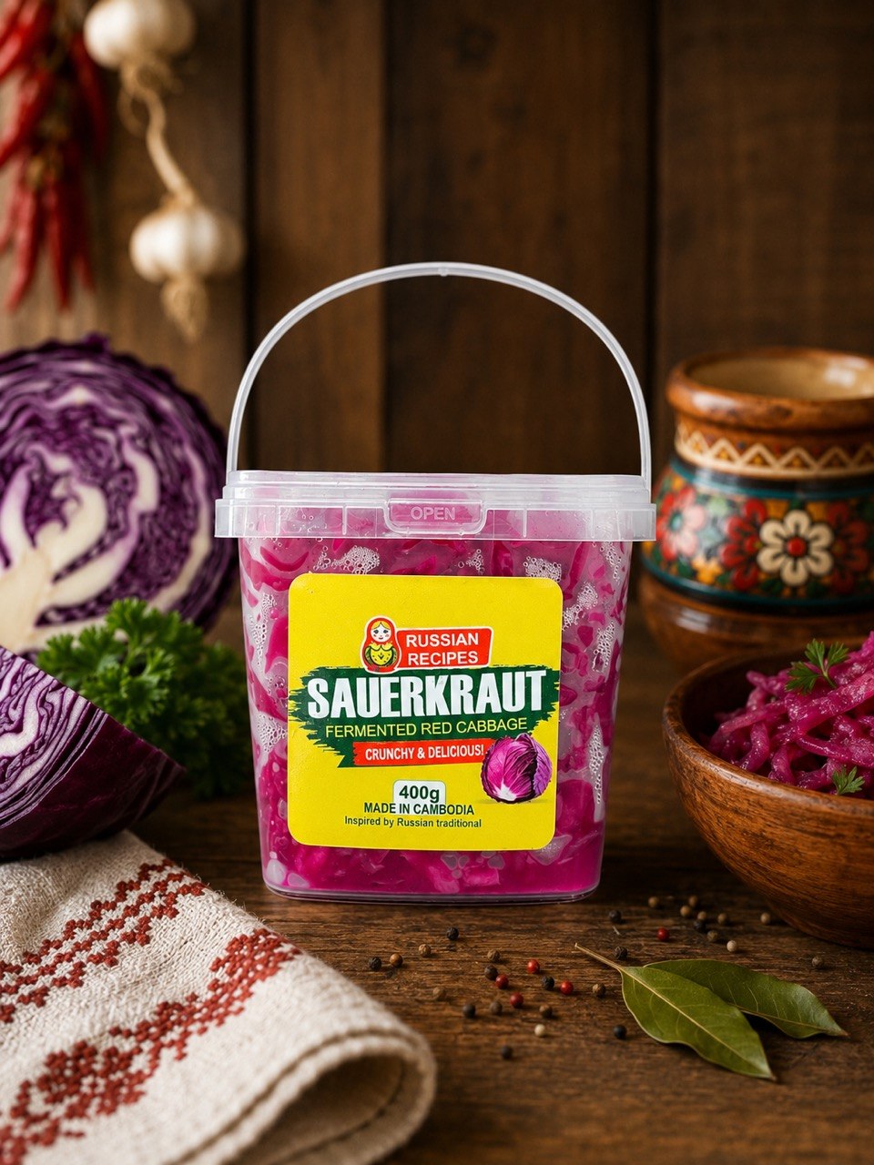 A clear plastic tub of Russian Recipes Sauerkraut filled with pink fermented cabbage, set on a rustic wooden table with purple cabbage, parsley, spices, and a bowl of pickled cabbage around it.