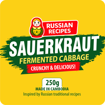 Front packaging design for Sauerkraut Fermented Cabbage, 250g, from Russian Recipes. The design features a bright yellow background with a green paint-splatter shape behind large white 'SAUERKRAUT' text, a red banner reading 'CRUNCHY & DELICIOUS!', a traditional Russian nesting doll logo, and 'MADE IN CAMBODIA' at the bottom.